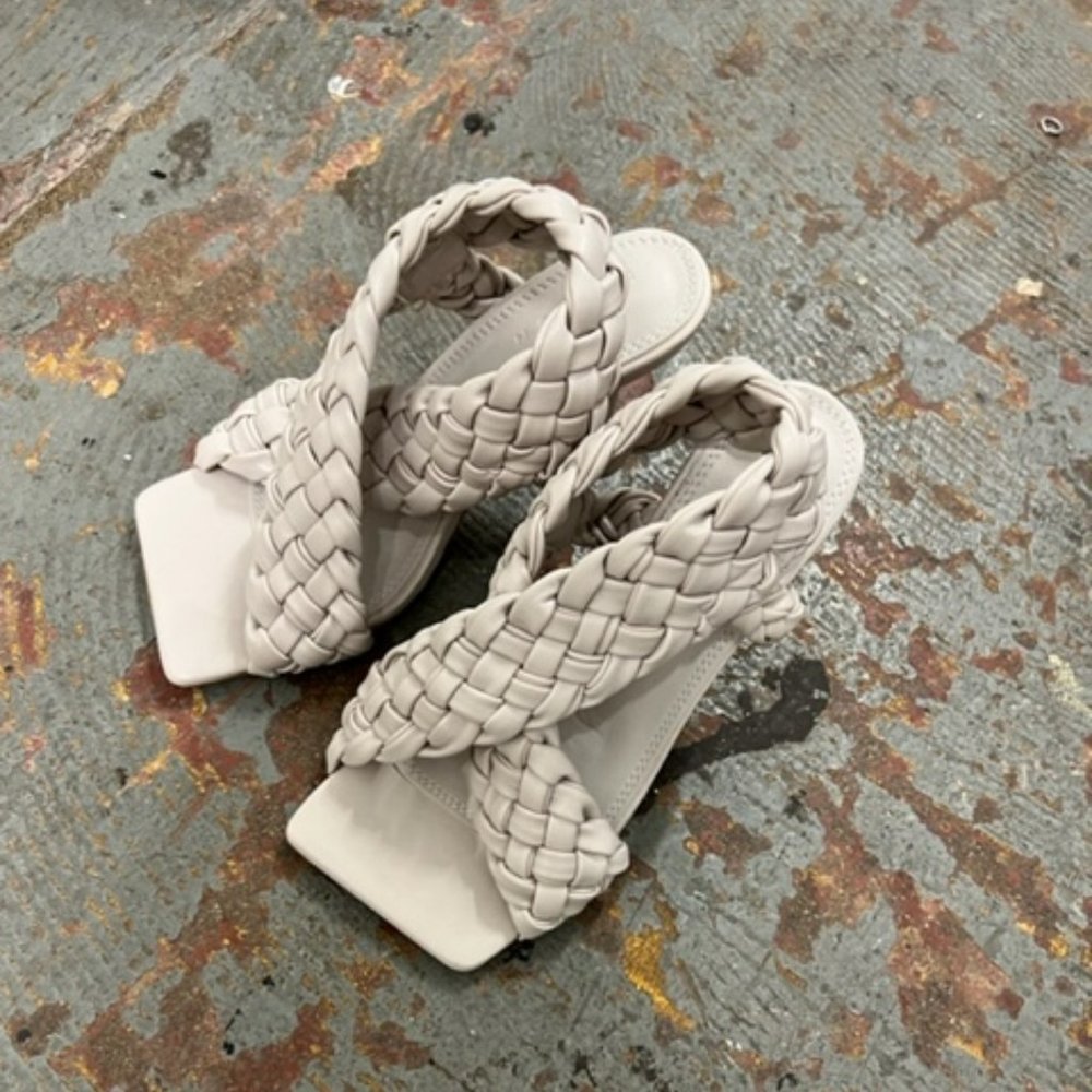 ASOS DESIGN Nock woven cross strap heeled sandals in off white